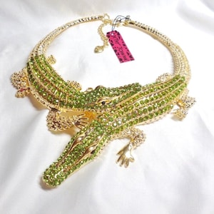 RARE Betsey Johnson Huge Alligator Necklace Choker Green Crystals Statement Piece Crocodile 14.5"-16.5" NOS NWT Perfect Cond Free Ship M1375