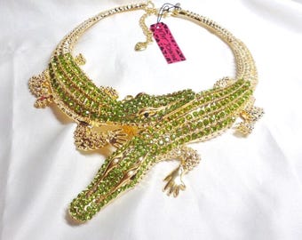 RARE Betsey Johnson Huge Alligator Necklace Choker Green Crystals Statement Piece Crocodile 14.5"-16.5" NOS NWT Perfect Cond Free Ship M1375