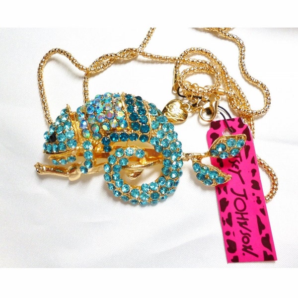 Betsey Johnson Chameleon Lizard Gecko Necklace / Pin Blue Crystals NOS NWT Perfect Cond FREE Shipping M1109