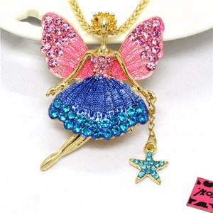 Betsey Johnson Fairy Necklace Blue & Pink Textured Enamel + Crystals Moveable Legs + Dangling Star NOS NWT Perfect Cond FREE Shipping M905