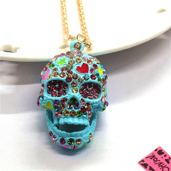 Betsey Johnson Skull Necklace Blue W Sparkly Crystals Enamel