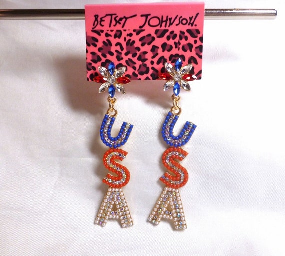 Betsey Johnson USA Earrings 3" Long Red White Blu… - image 1