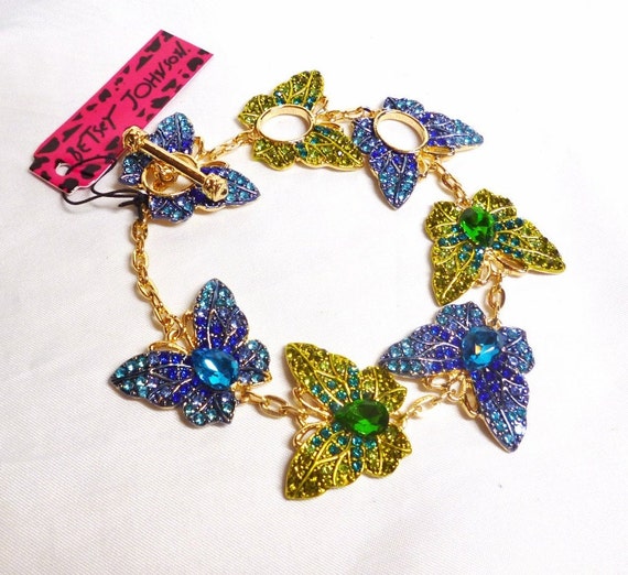 Betsey Johnson Butterfly Bracelet Green Blue Crystals Gold Plate