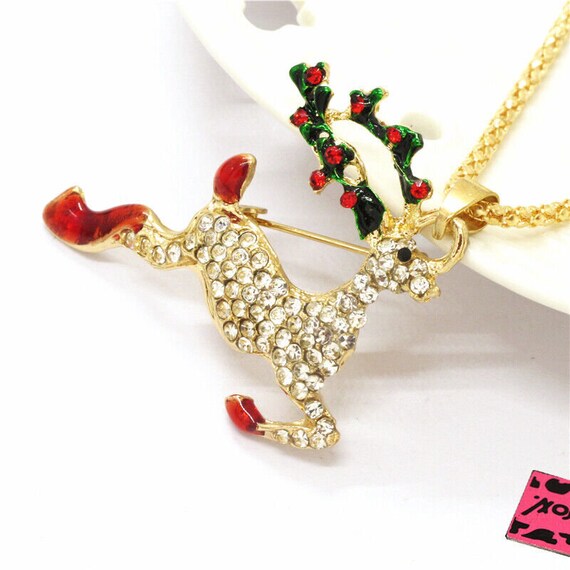 Betsey Johnson Reindeer Necklace / Pin Brooch Red… - image 3