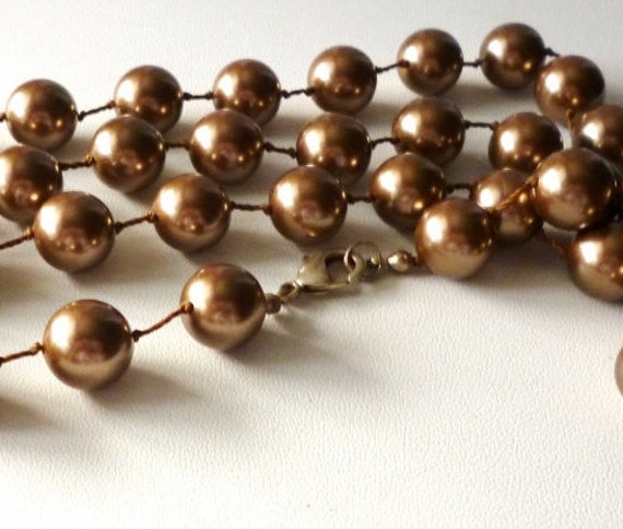 Necklace Bronze Tone Brown Beads Faux Pearls Vint… - image 4