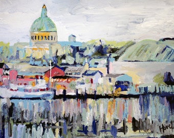 May include: A painting of a cityscape with a large, green-domed building in the background. The foreground features a waterfront with a boat and a series of wooden pilings.