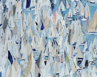 May include: A painting of a large group of sailboats on a blue body of water. The sailboats are painted in shades of white, blue, and gray, and they are all clustered together in a dense formation. The painting has a textured, abstract style.