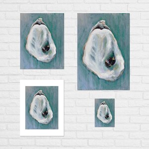 May include: A set of four paintings featuring a close-up of an oyster shell with a pearl inside. The oyster shells are painted in a realistic style with a white and grey colour scheme. The background of each painting is a light blue-green colour.