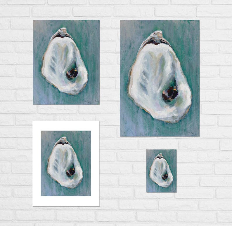 May include: A set of four paintings featuring a close-up of an oyster shell with a pearl inside. The oyster shells are painted in a realistic style with a white and grey colour scheme. The background of each painting is a light blue-green colour.