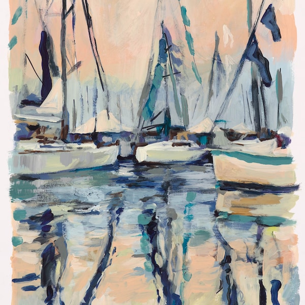 Sailboats at Sunset, Print of Original Acrylic Painting, by Kim Hovell