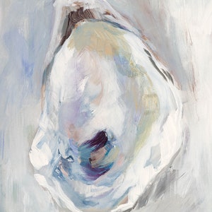 May include: A close-up of a white oyster shell with a blue and purple interior. The shell is painted in a loose, abstract style with soft, blended colors.