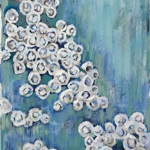 May include: Abstract painting with a blue and green background and white circles of various sizes. The circles are clustered together in a flowing pattern.