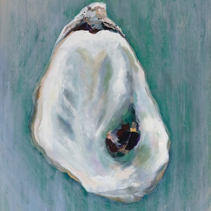 May include: A white oyster shell with a dark purple and green interior, painted on a teal background.