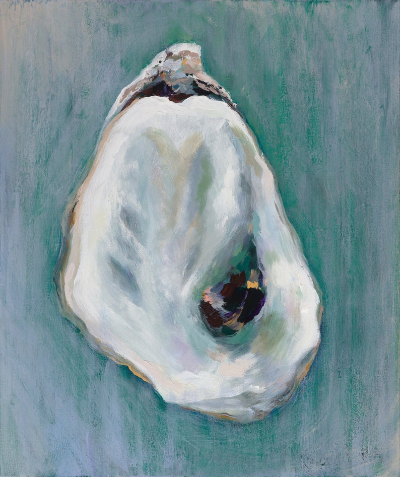 May include: A white oyster shell with a dark purple and green interior, painted on a teal background.