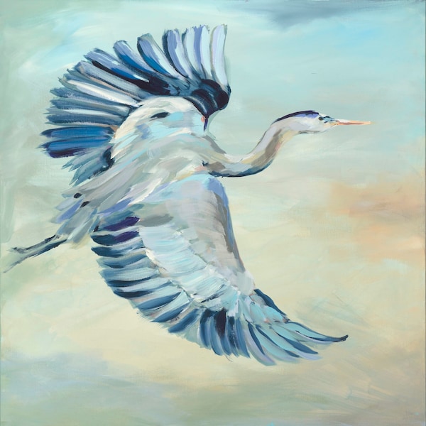 Heron in Flight, Print of Original Acrylic Painting, by Kim Hovell