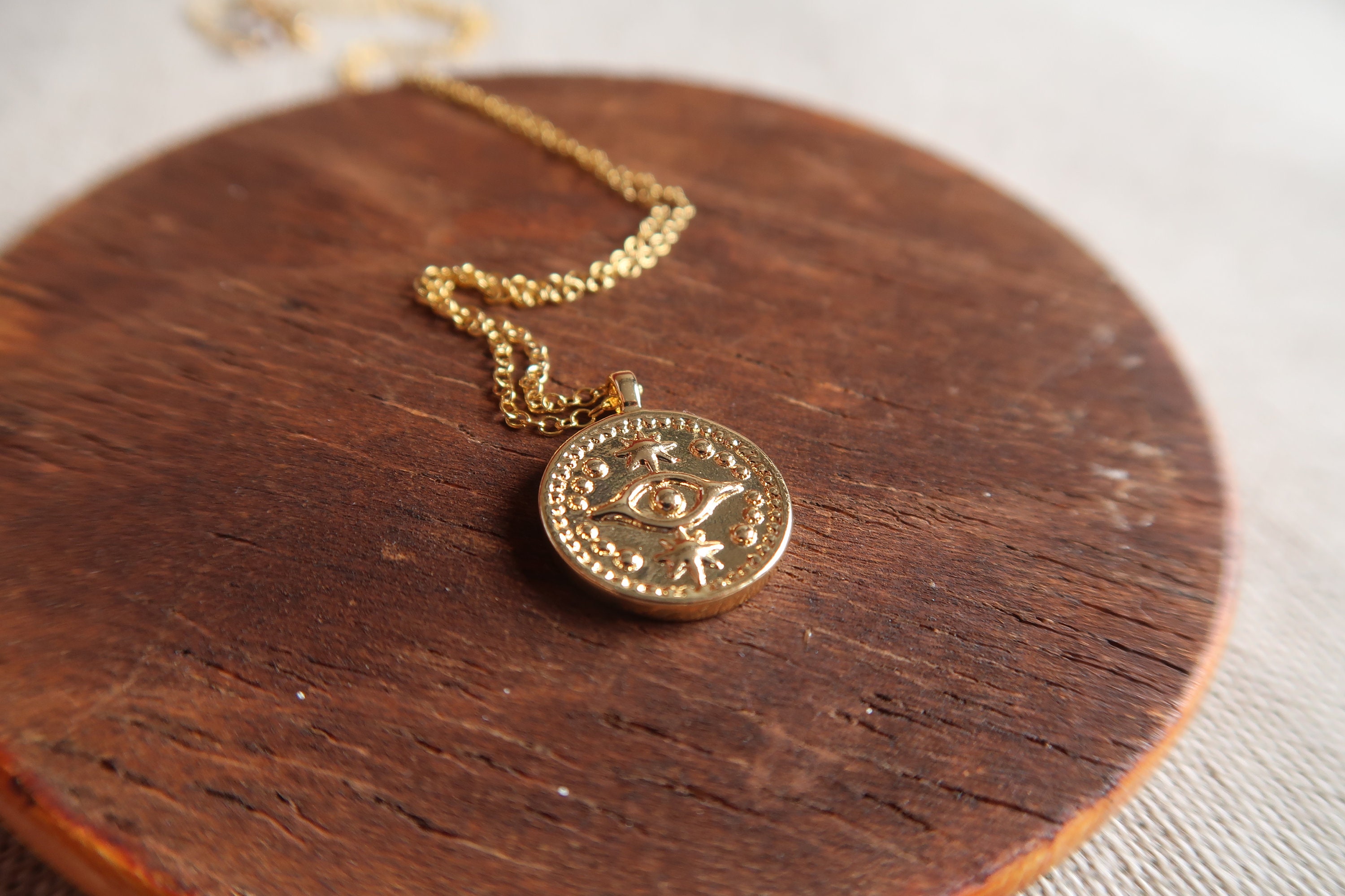 14k Gold Evil Eye Necklace Coin Necklace Medallion Evil Eye Etsy
