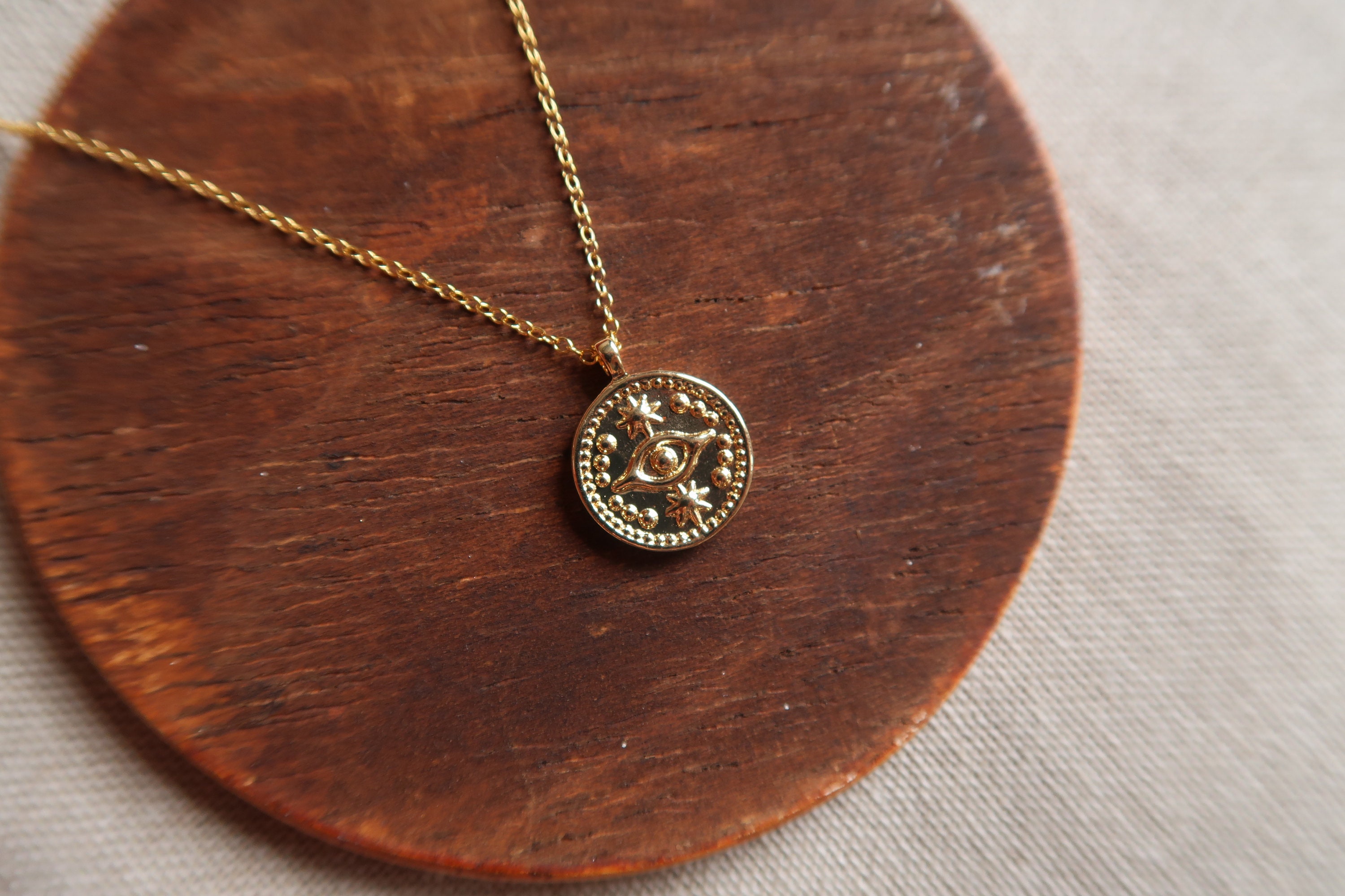 14k Gold Evil Eye Necklace Coin Necklace Medallion Evil Eye Etsy