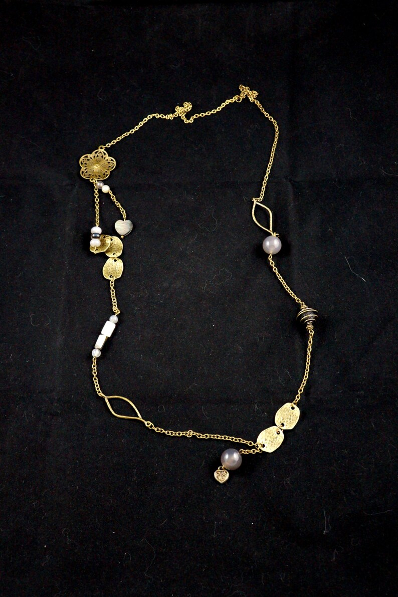 Great necklace Haliotis lava stone and Abalone mother of Pearl sequins beaded shell abalone long necklace bronze grey quartz