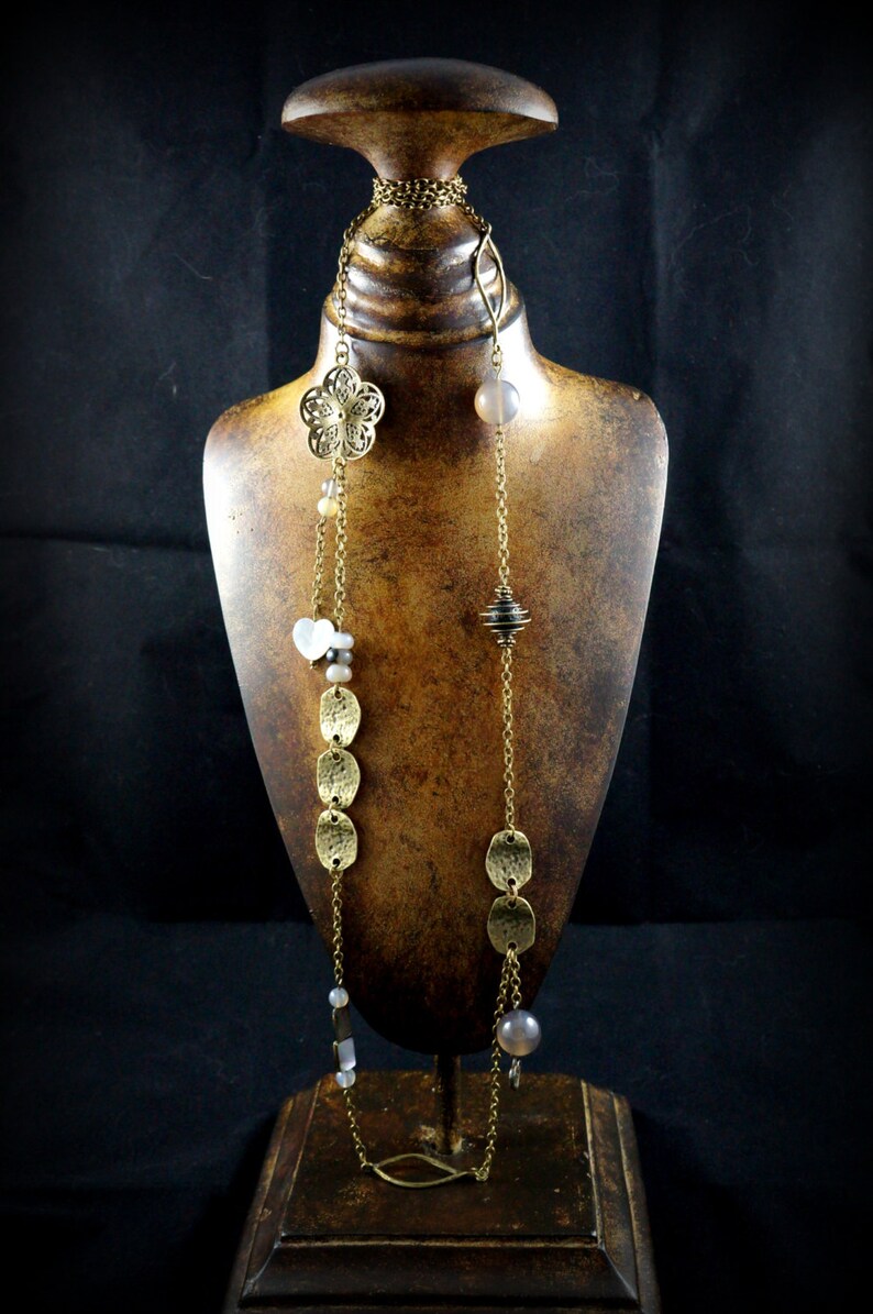 Great necklace Haliotis lava stone and Abalone mother of Pearl sequins beaded shell abalone long necklace bronze grey quartz