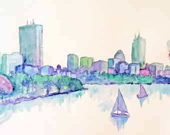Boston Skyline -Giclee Print of Original Watercolor Painting