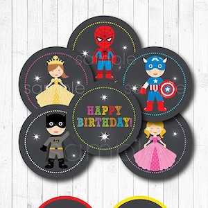 Superheroes and Princess Cupcake Toppers, Stickers, Avengers Birthday, INSTANT DOWNLOAD