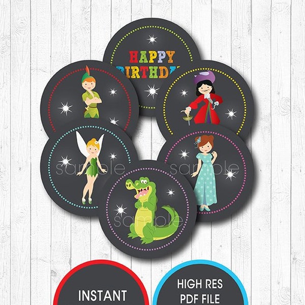 Neverland Cupcake Toppers, Birthday stickers, INSTANT DOWNLOAD