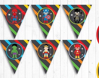 Superheroes Party Banners, Superheroes  Bunting Flags, Avengers Birthday, INSTANT DOWNLOAD