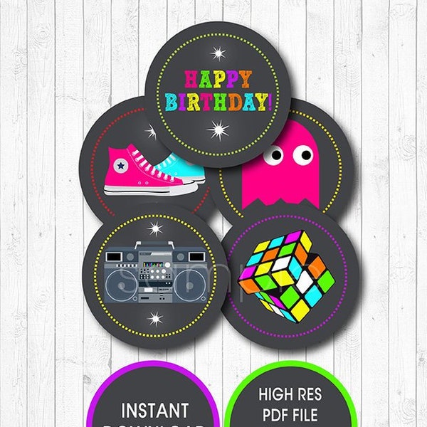 80's Cupcake Toppers, 80s Birthday Stickers, printable, INSTANT DOWNLOAD