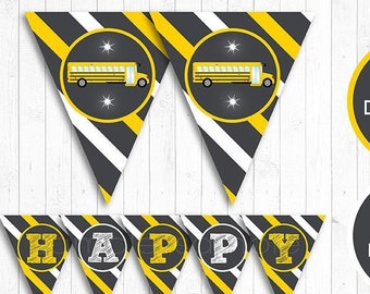 School Bus birthday banners, School Bus Bunting Flags, INSTANT DOWNLOAD