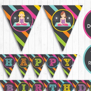 Yoga Birthday Banners, Bunting Flags, INSTANT DOWNLOAD