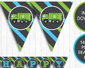 Garbage Truck Banners, Garbage Truck Bunting Flags, INSTANT DOWNLOAD