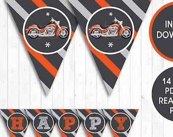 Motorcycle Birthday Banners, Bunting Flags, INSTANT DOWNLOAD