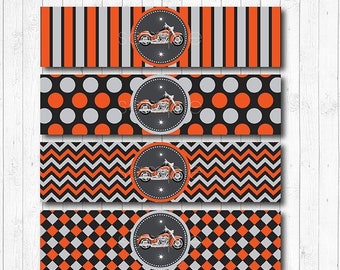 May include: Printable digital download of four motorcycle-themed labels in black, white, and orange. The labels feature different patterns, including stripes, polka dots, zigzags, and diamonds. Each label includes a small image of a motorcycle.