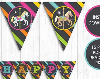 Carousel Birthday Banners, Carousel bunting flags, INSTANT DOWNLOAD