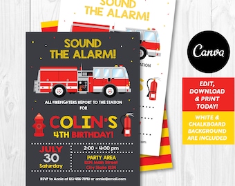 Editable, Firetruck Birthday Invitation, Fire truck Invite, Firetruck Party, Fire Station Birthday, Canva template, INSTANT DOWNLOAD