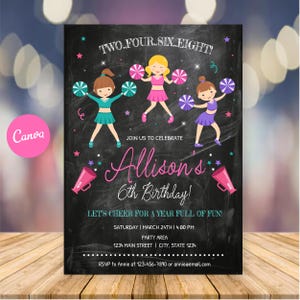 Bearbeitbare Cheerleader-Geburtstagseinladung, Chalkboard Cheer Party einladen, Pink Teal Purple Cheerleader Squad, Canva, INSTANT DOWNLOAD
