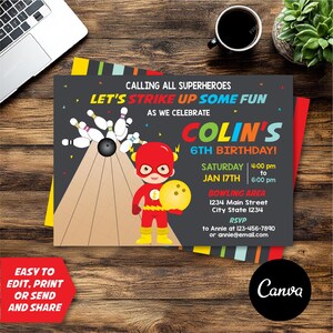 EDITABLE, Superhero Bowling Invitation, Superhero Bowling party, Superhero Birthday, Chalkboard, Canva template, INSTANT DOWNLOAD