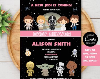 Editable, Star Wars Baby Shower Invitation, Baby Girl, Pink, Canva template, INSTANT DOWNLOAD