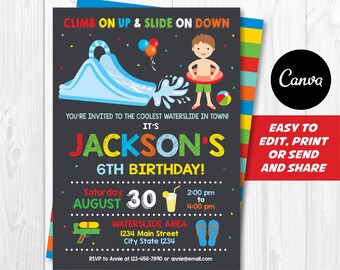 EDITABLE, Water Slide Birthday Invitation, Waterslide Party, Waterslide Invitation, Boys Birthday, Canva template, Instant download