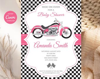 Editable, Motorcycle Baby Shower Invitation Girl, Motorcycle Baby Shower Pink, Motorbike Baby Shower, Canva template, INSTANT DOWNLAD