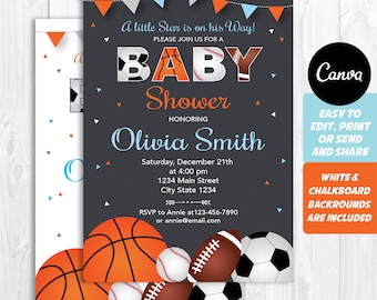 Editable, All-Star Baby Shower invitation, Sports Baby Shower, Canva Template, INSTANT DOWNLOAD