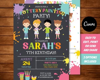 Editable, Painting Pottery  Invitation, Pottery party, Painting Invitation, Canva Template, Girls Boys Birthday, INSTANT DOWNLOAD
