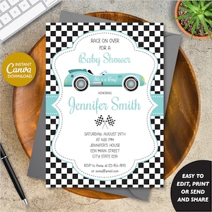 EDITABLE Race Car Baby Shower invitation Boy, Racing Car Baby Shower Boy, Canva, Blue, INSTANT DOWNLOAD