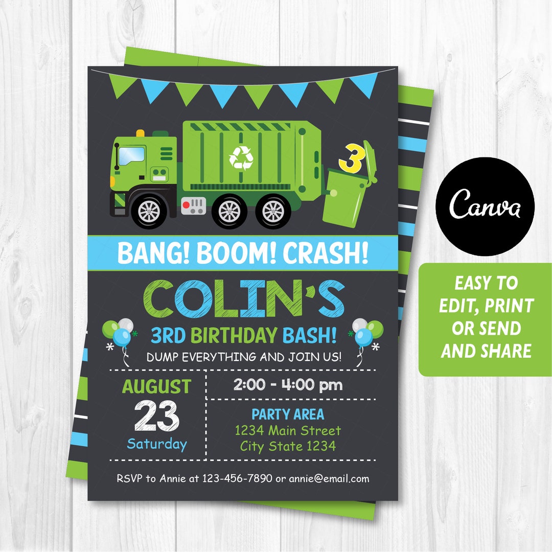 Editable, Garbage Truck Birthday Invitation, Garbage Truck Party, Canva ...