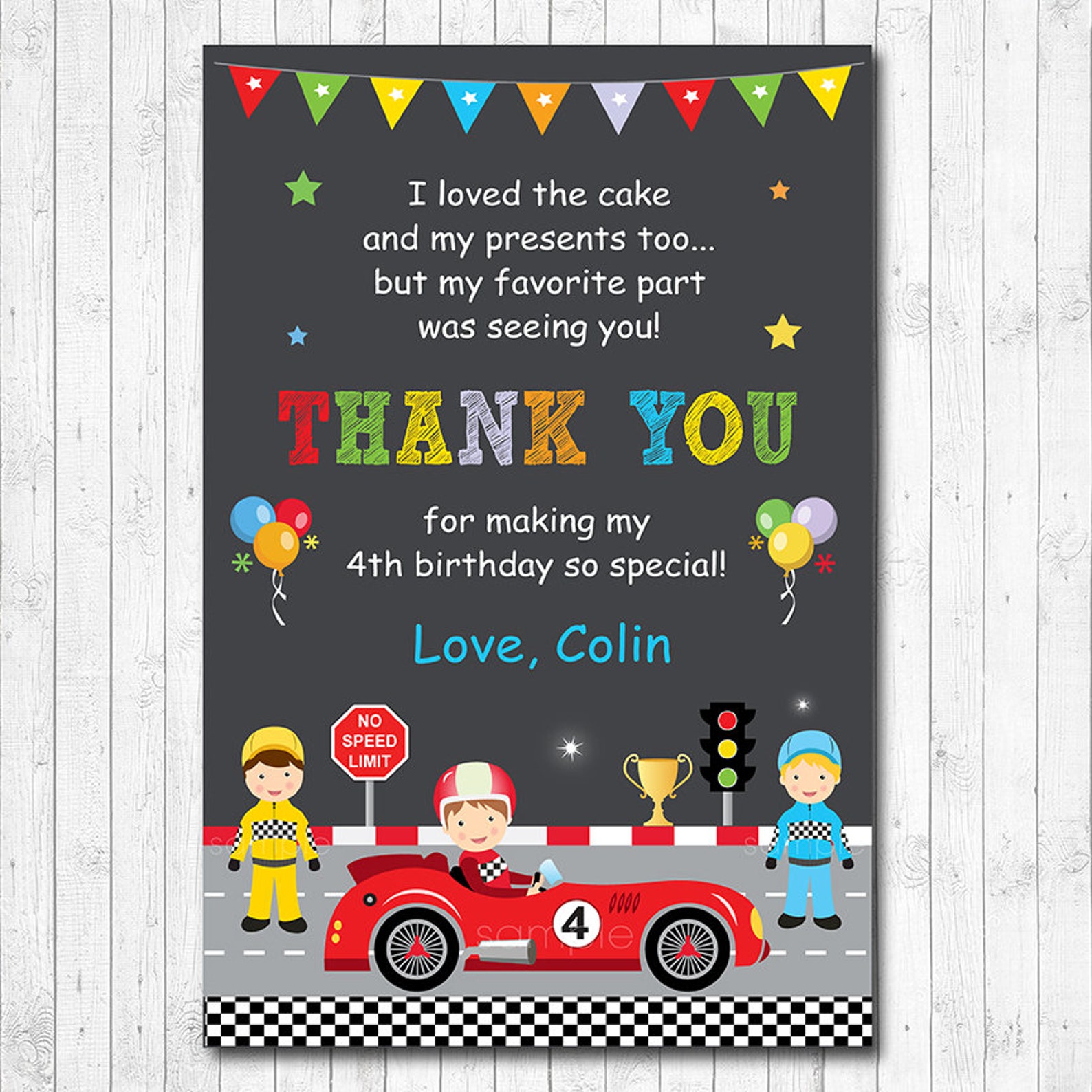 Racing Car Birthday Thank You Card Digital Printable File - Etsy