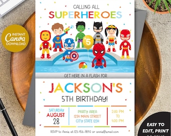 Editable, Superhero Pool Birthday Invitation, Superheroes Birthday, Superhero Party, Canva Template, INSTANT DOWNLOAD