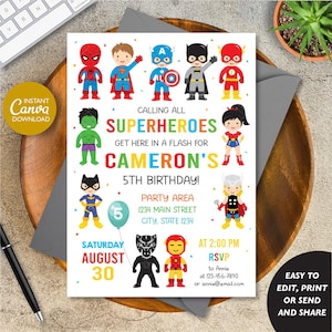 Editable Superhero Birthday Invitation, Superheroes Party, Superhero Invitation, Canva Template, INSTANT DOWNLOAD