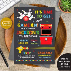 EDITABLE, Arcade, Laser Tag, Bowling invitation, Arcade Invitation, Laser Tag Invitation, Bowling Invite, Canva template, Digital Printable