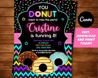 Editable, Donut Birthday Invitation, Donuts party, Neon Colors, Canva Template, INSTANT DOWNLOAD