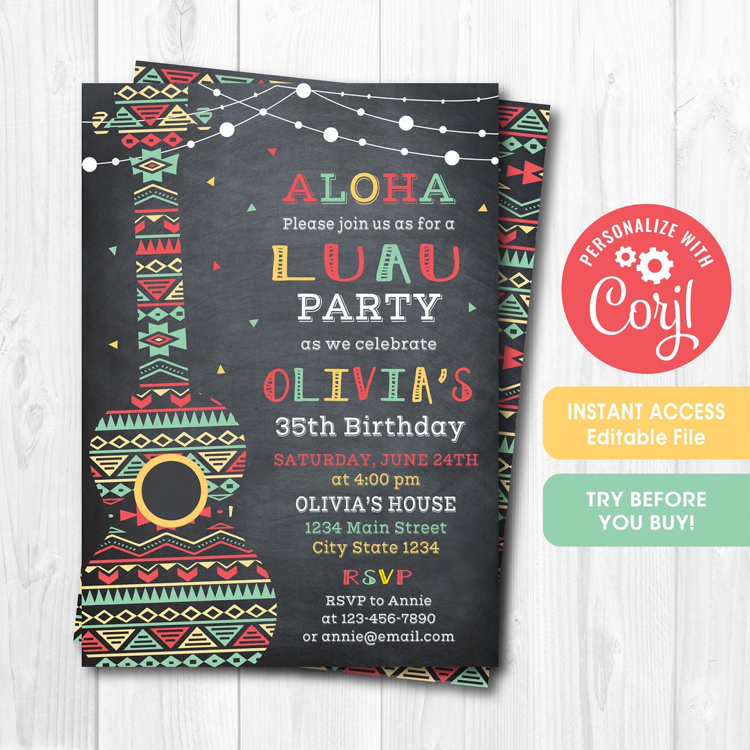 EDITABLE Hawaiian Invitation Luau Birthday Invitation Corjl Etsy